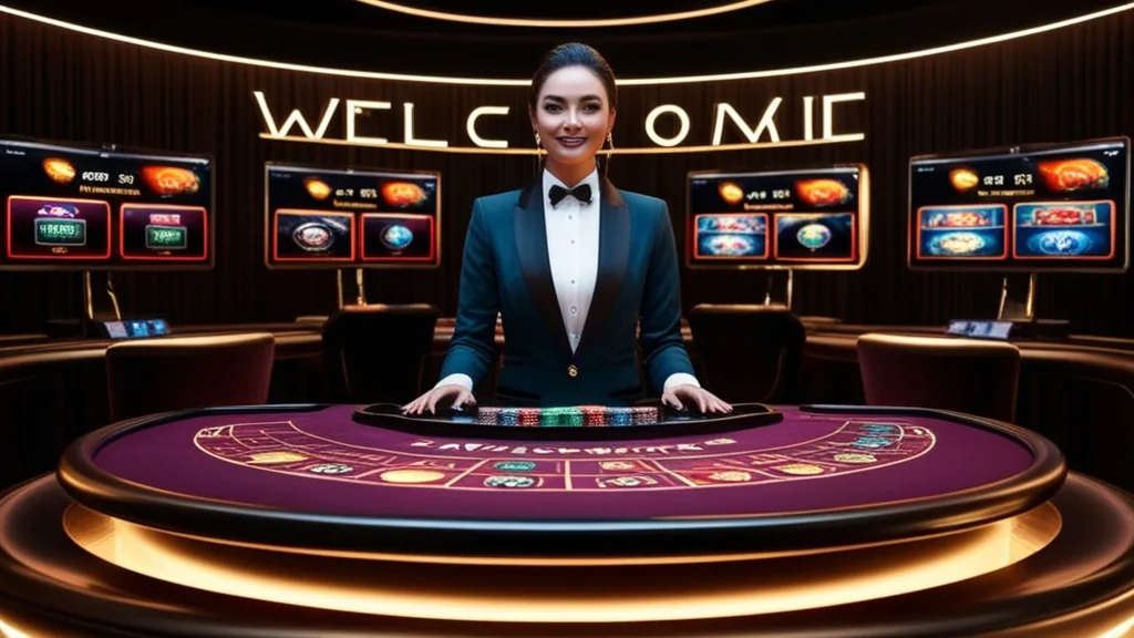 Live-Dealer-Tisch mit Dealer und leuchtenden Spielanzeigen in dunkler Casino-Atmosphäre