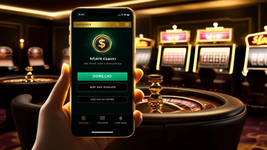 Smartphone mit Download-Hinweis in einer dunklen Casino-Atmosphäre