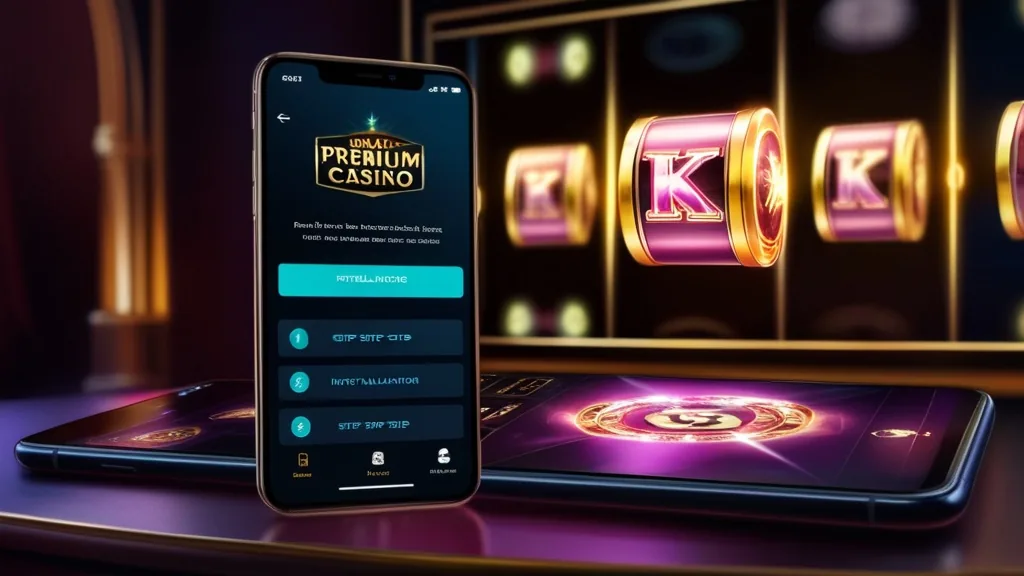 Smartphone zeigt Installationsschritte in einer stilvollen Casino-Umgebung