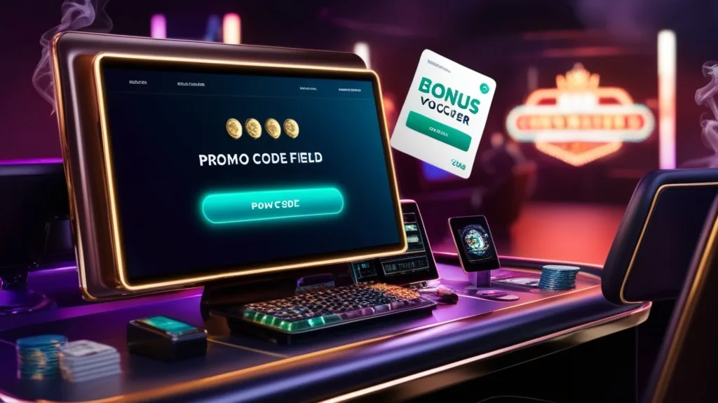 Bonus-Code-Feld im dunklen Casino mit leuchtenden Freispielen