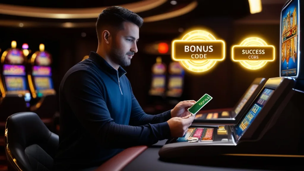 Codeeingabe im dunklen Casino mit Bonusfeld und Slot-Hintergrund