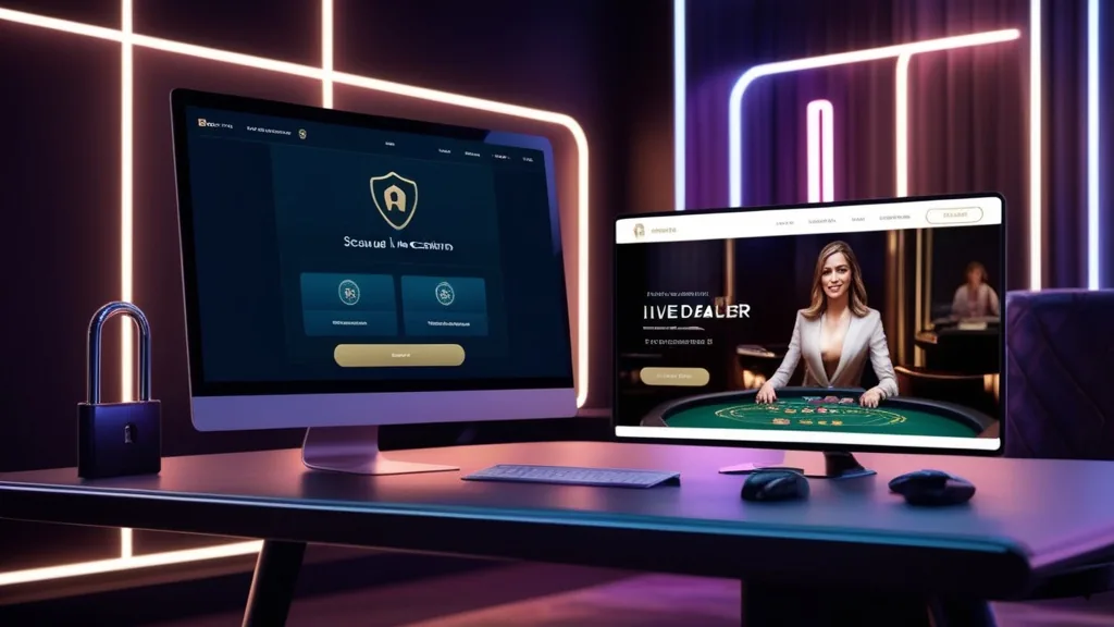 Benutzerkonto mit Sicherheitsanzeige neben einem Live-Dealer-Tisch in dunkler Casino-Optik