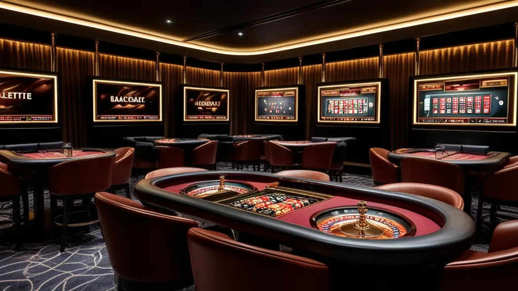 Mehrere Live-Dealer-Tische mit Roulette, Blackjack und Baccarat auf leuchtenden Monitoren