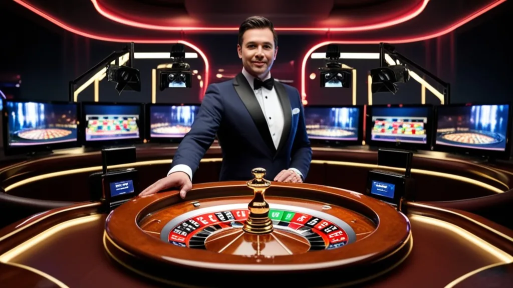 Live-Dealer-Studio mit Roulette-Tisch, Kameras und leuchtenden Monitoren in dunkler Casino-Atmosphäre